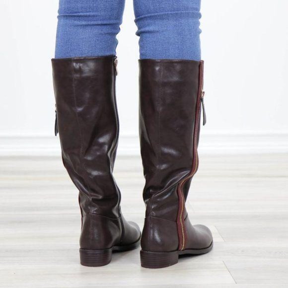 Brown Below Knee Rider Boots Light Faux Fur Inside - Picture 8 of 11